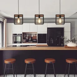 Aged Oak Iron Square Cage Single Kitchen Pendant Light