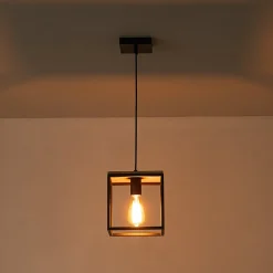 Aged Oak Iron Square Cage Single Kitchen Pendant Light