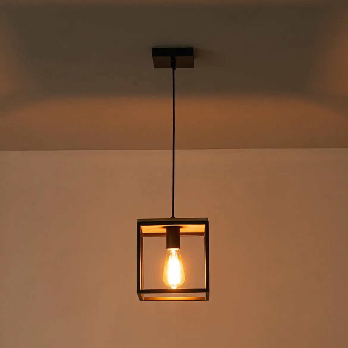 Aged Oak Iron Square Cage Single Kitchen Pendant Light