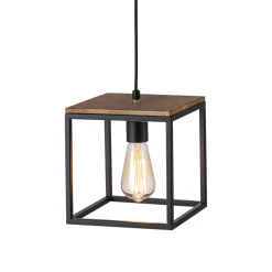 Aged Oak Iron Square Cage Single Kitchen Pendant Light
