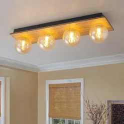 Amber Textured Glass Linear Wooden Semi Flush Mount / Wall Light