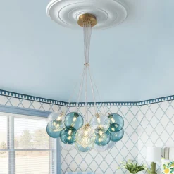 Art Deco Blue Hue Cluster Glass Globe Bubble Chandelier