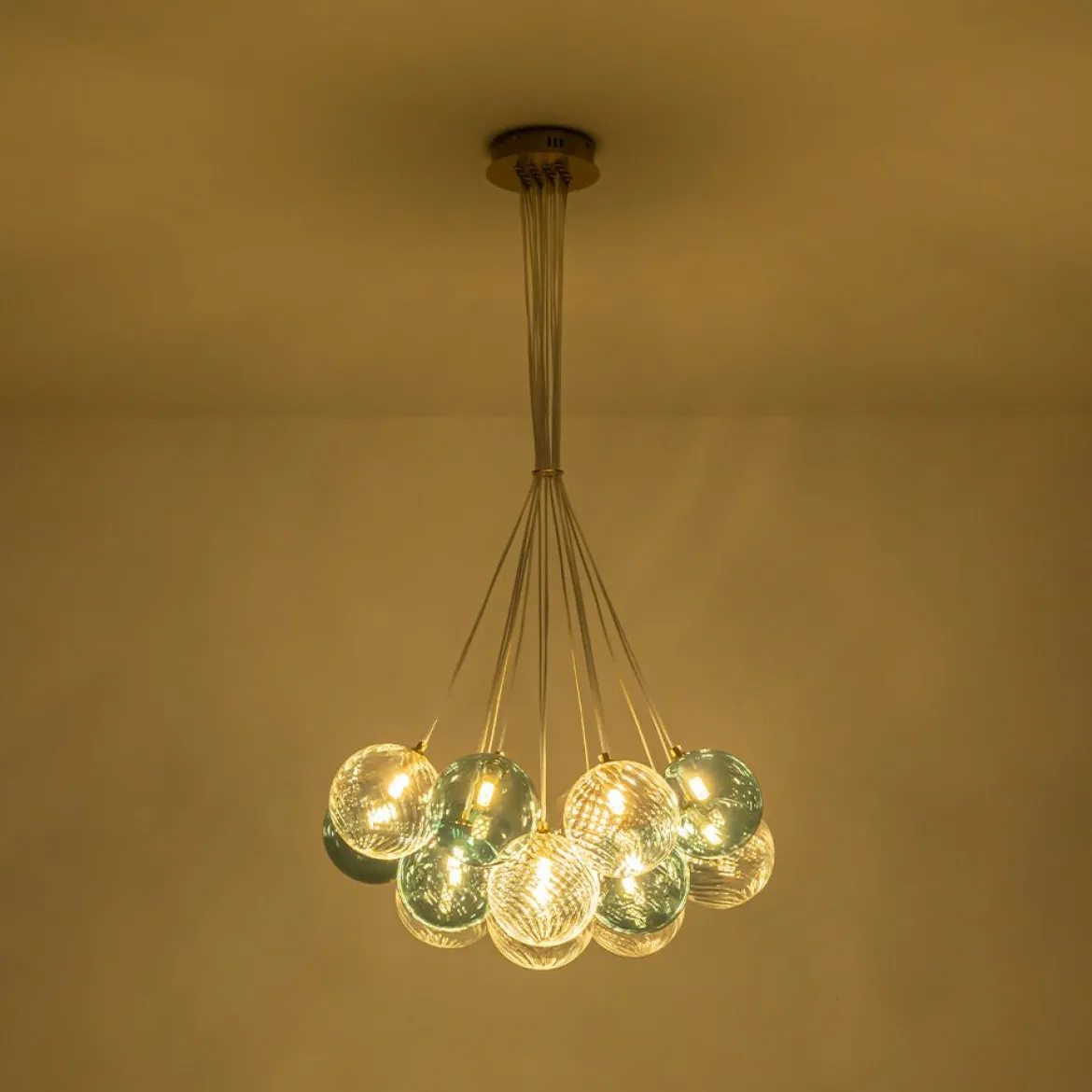 Art Deco Blue Hue Cluster Glass Globe Bubble Chandelier