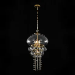 Art Deco Brass Tiered Clear Glass Jellyfish Style Chandelier