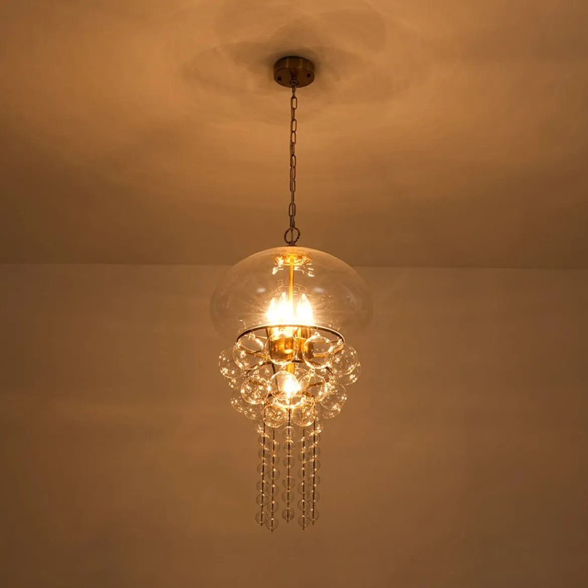 Art Deco Brass Tiered Clear Glass Jellyfish Style Chandelier
