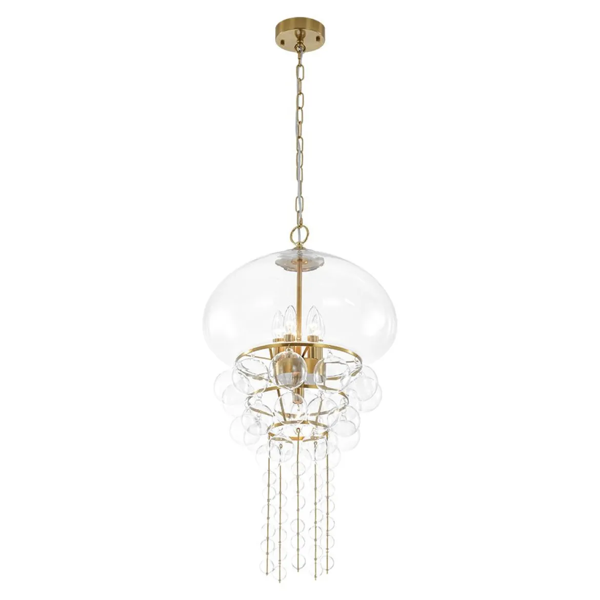 Art Deco Brass Tiered Clear Glass Jellyfish Style Chandelier