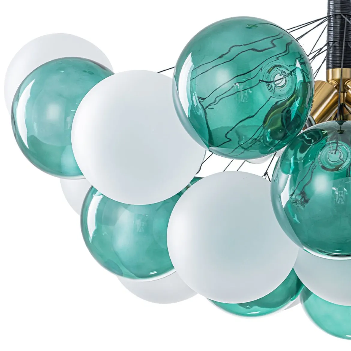 Art Deco Cluster Green Frosted White Glass Bubble Chandelier