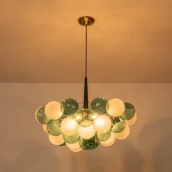 Art Deco Cluster Green Frosted White Glass Bubble Chandelier