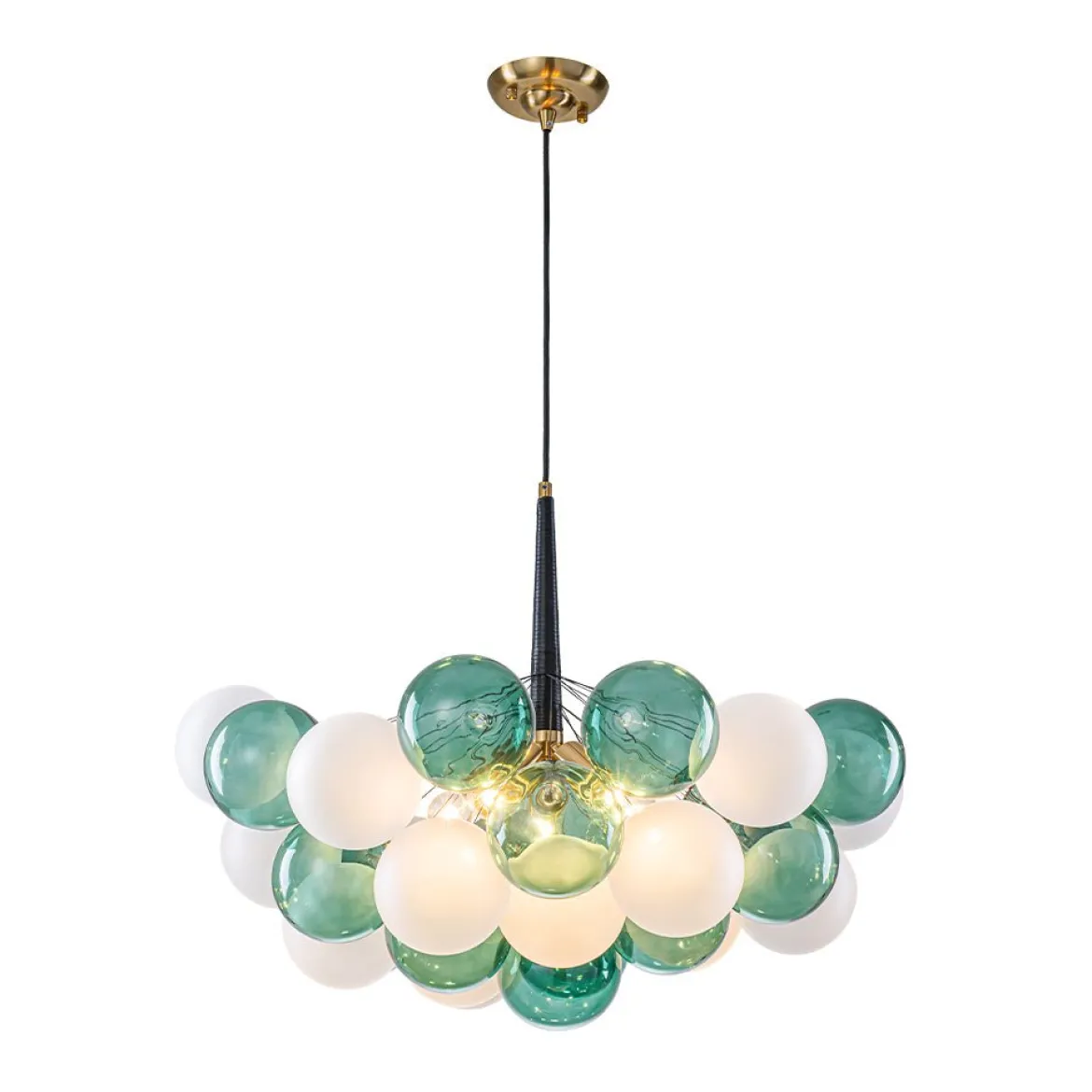 Art Deco Cluster Green Frosted White Glass Bubble Chandelier