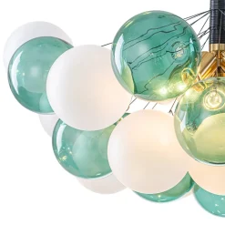 Art Deco Cluster Green Frosted White Glass Bubble Chandelier