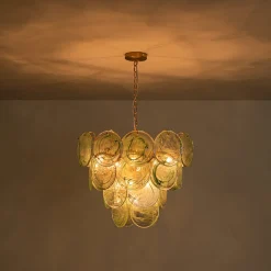 Art Deco Green Iridescent Swirl Glass Tiered Chandelier
