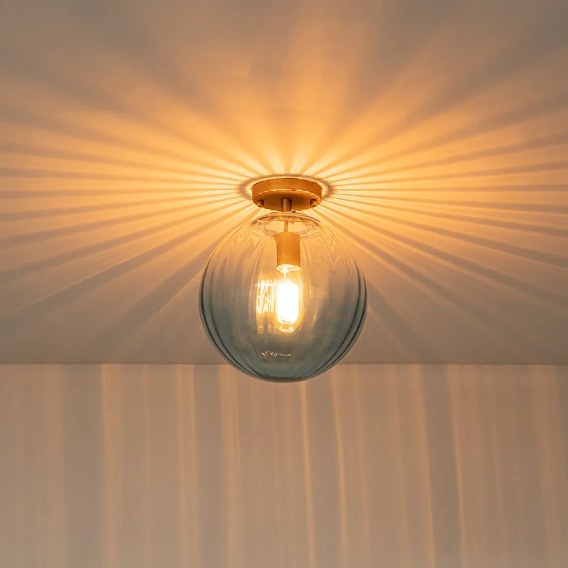 Art Deco 1-Light Blue Ribbed Glass Globe Semi Flush Mount