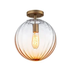 Art Deco 1-Light Blue Ribbed Glass Globe Semi Flush Mount