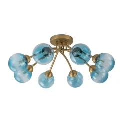 Art Deco 8-Light Sputnik Blue Glass Bubble Semi Flush Mount