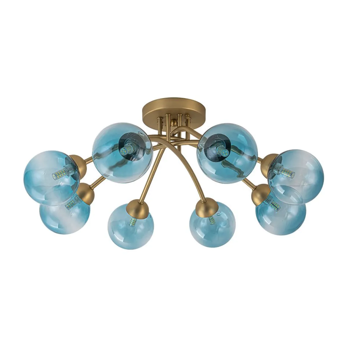 Art Deco 8-Light Sputnik Blue Glass Bubble Semi Flush Mount