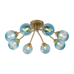 Art Deco 8-Light Sputnik Blue Glass Bubble Semi Flush Mount