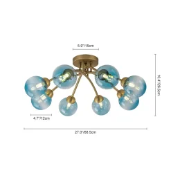 Art Deco 8-Light Sputnik Blue Glass Bubble Semi Flush Mount