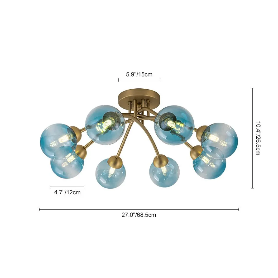 Art Deco 8-Light Sputnik Blue Glass Bubble Semi Flush Mount