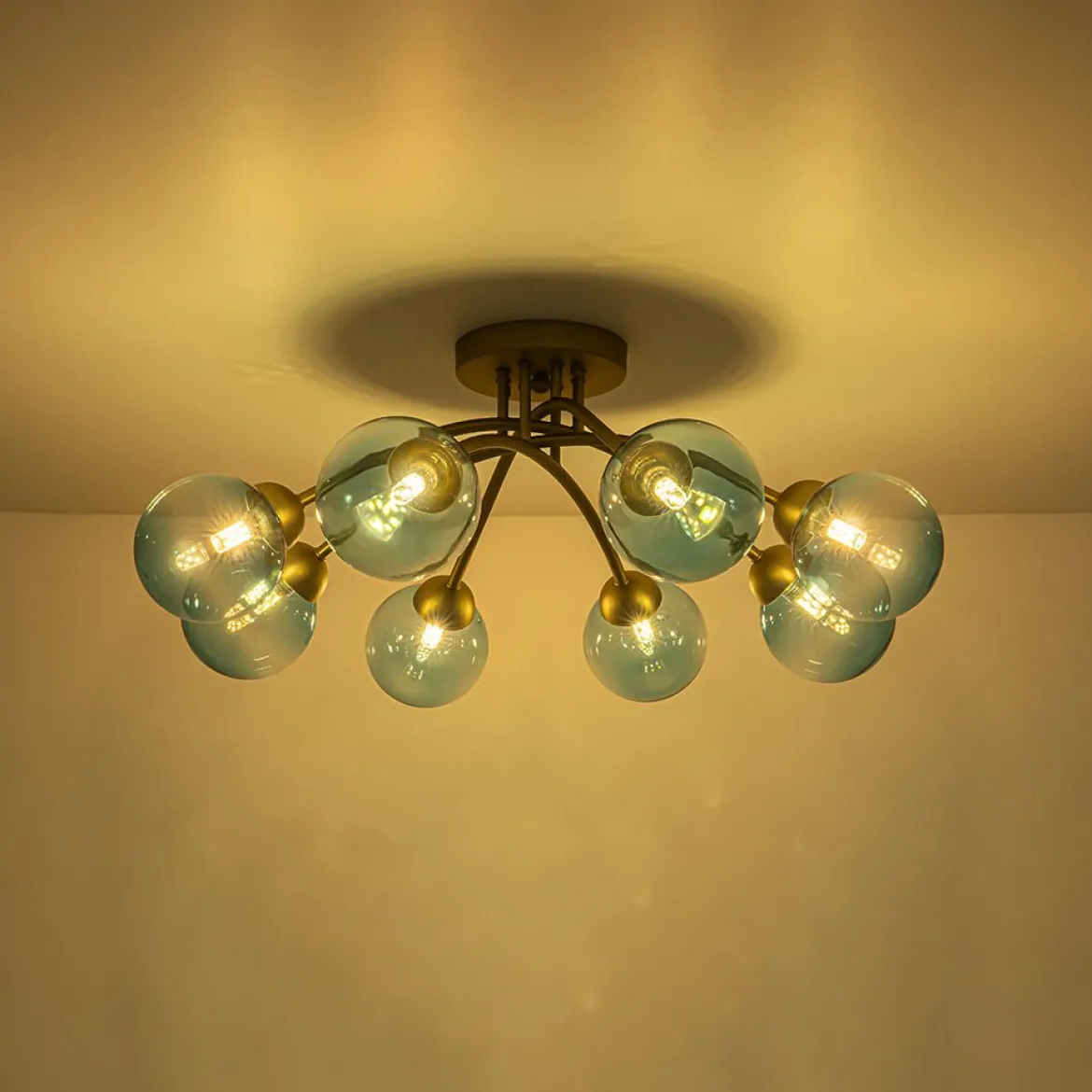 Art Deco 8-Light Sputnik Blue Glass Bubble Semi Flush Mount