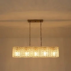 Art Deco Luxury Brass Crystal Linear Cage Island Chandelier