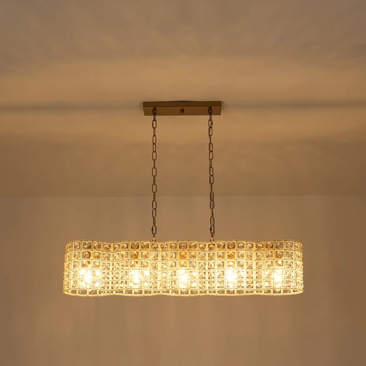 Art Deco Luxury Brass Crystal Linear Cage Island Chandelier