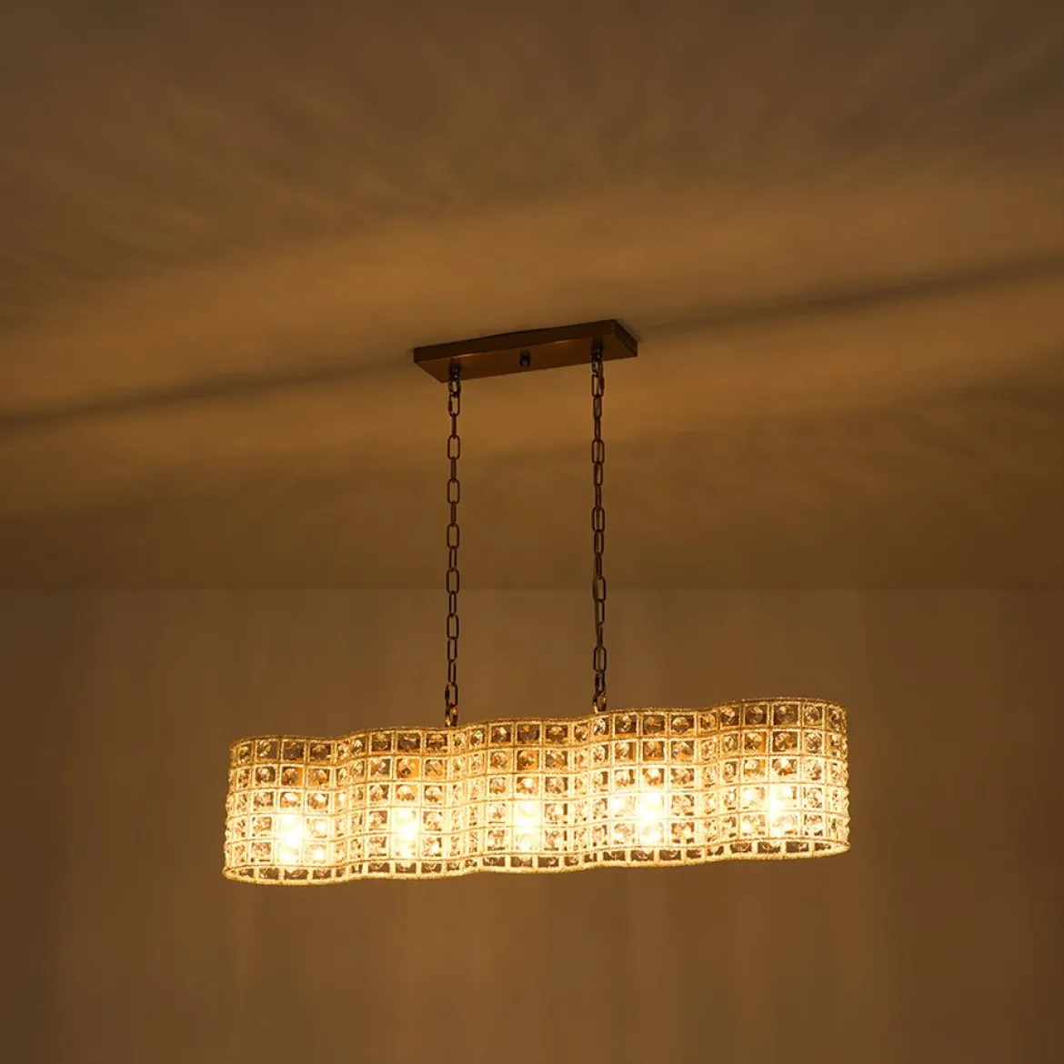 Art Deco Luxury Brass Crystal Linear Cage Island Chandelier