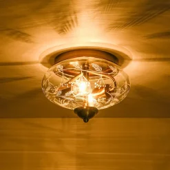 Art Deco Mistletoe Pattern Etched Glass Round Flush Mount Light
