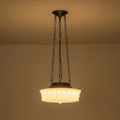 Art Deco Sculptural Milk Glass Schoolhouse LED Pendant
