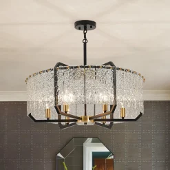Black Brass 6-Light Rippled Glass Drum Cage Chandelier