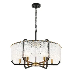 Black Brass 6-Light Rippled Glass Drum Cage Chandelier