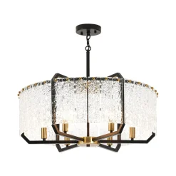Black Brass 6-Light Rippled Glass Drum Cage Chandelier