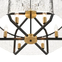 Black Brass 6-Light Rippled Glass Drum Cage Chandelier
