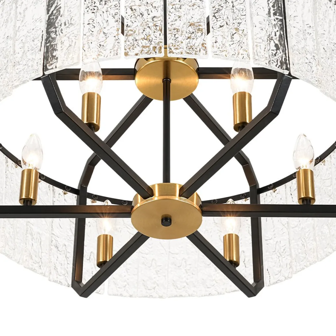 Black Brass 6-Light Rippled Glass Drum Cage Chandelier