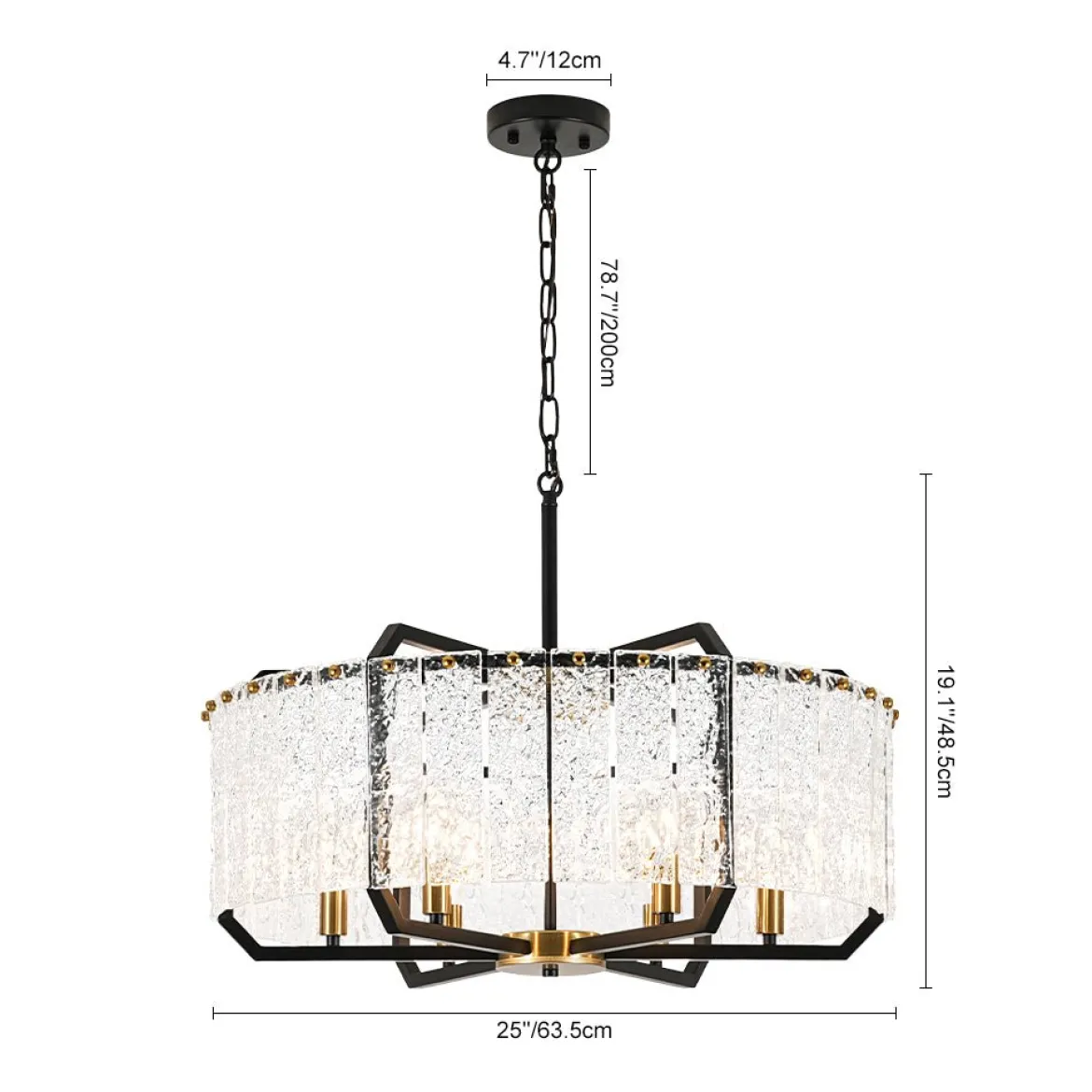 Black Brass 6-Light Rippled Glass Drum Cage Chandelier