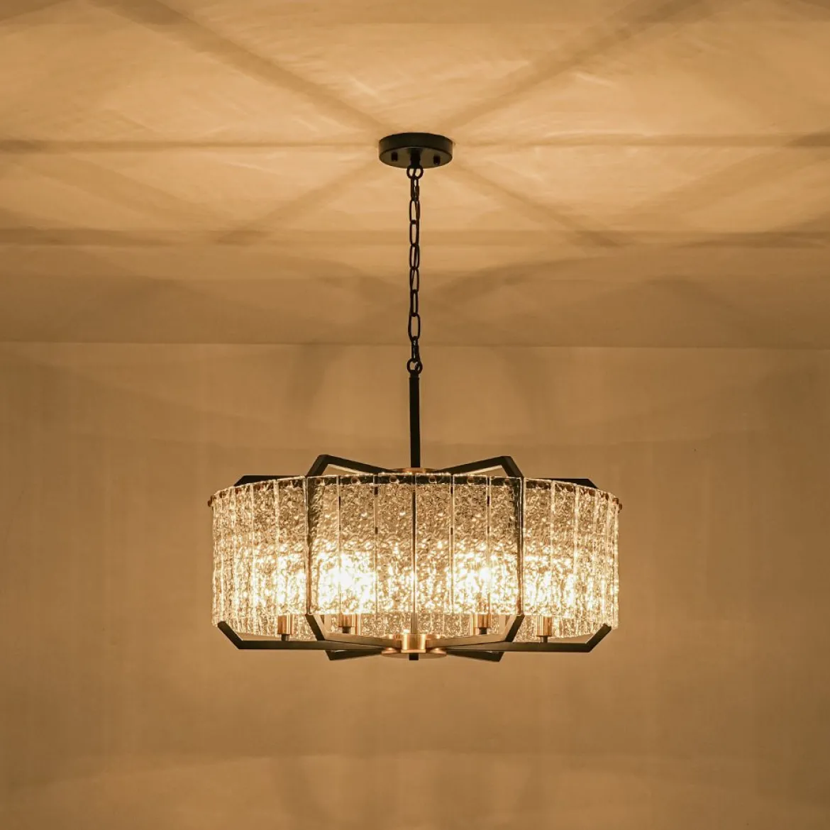 Black Brass 6-Light Rippled Glass Drum Cage Chandelier