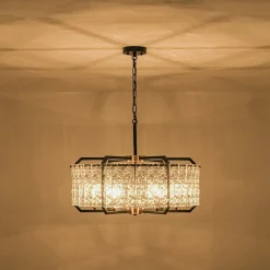 Black Brass 6-Light Rippled Glass Drum Cage Chandelier