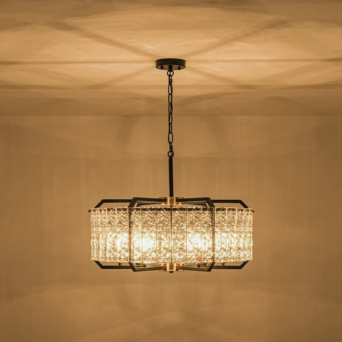 Black Brass 6-Light Rippled Glass Drum Cage Chandelier