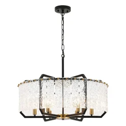 Black Brass 6-Light Rippled Glass Drum Cage Chandelier