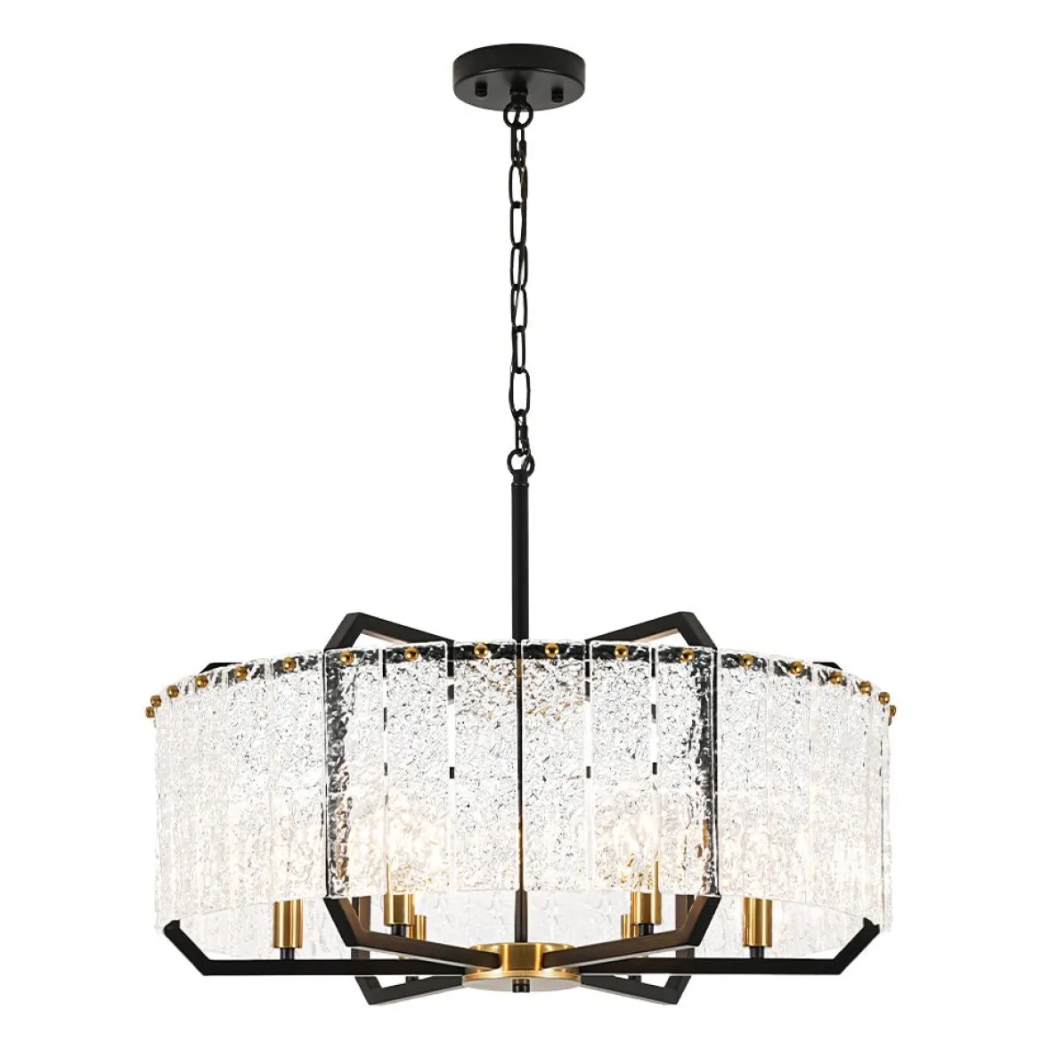 Black Brass 6-Light Rippled Glass Drum Cage Chandelier