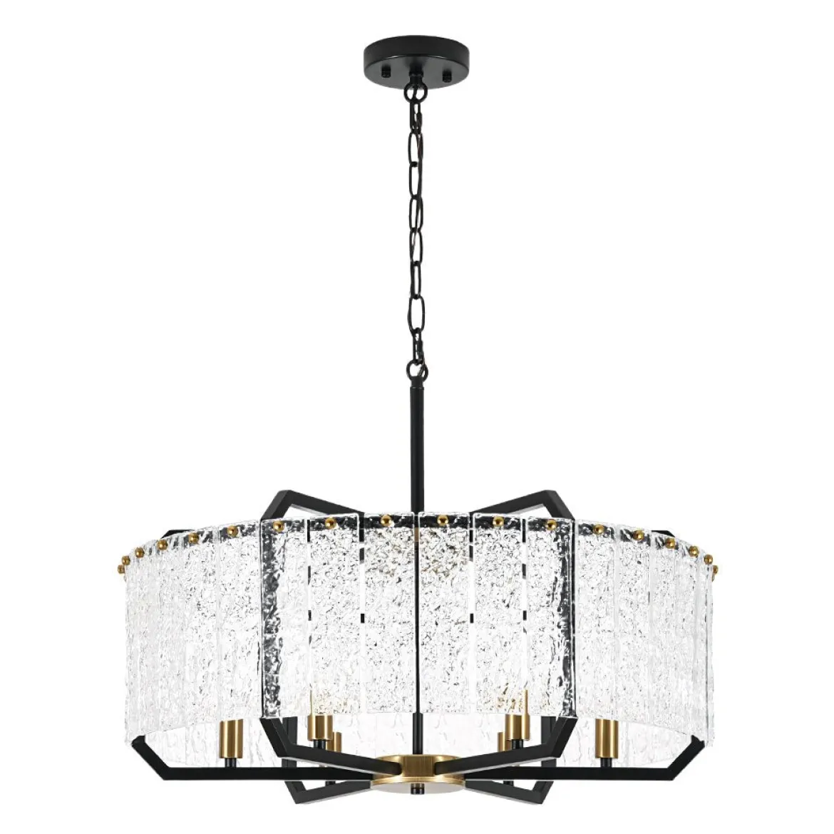 Black Brass 6-Light Rippled Glass Drum Cage Chandelier