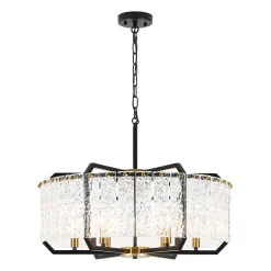 Black Brass 6-Light Rippled Glass Drum Cage Chandelier