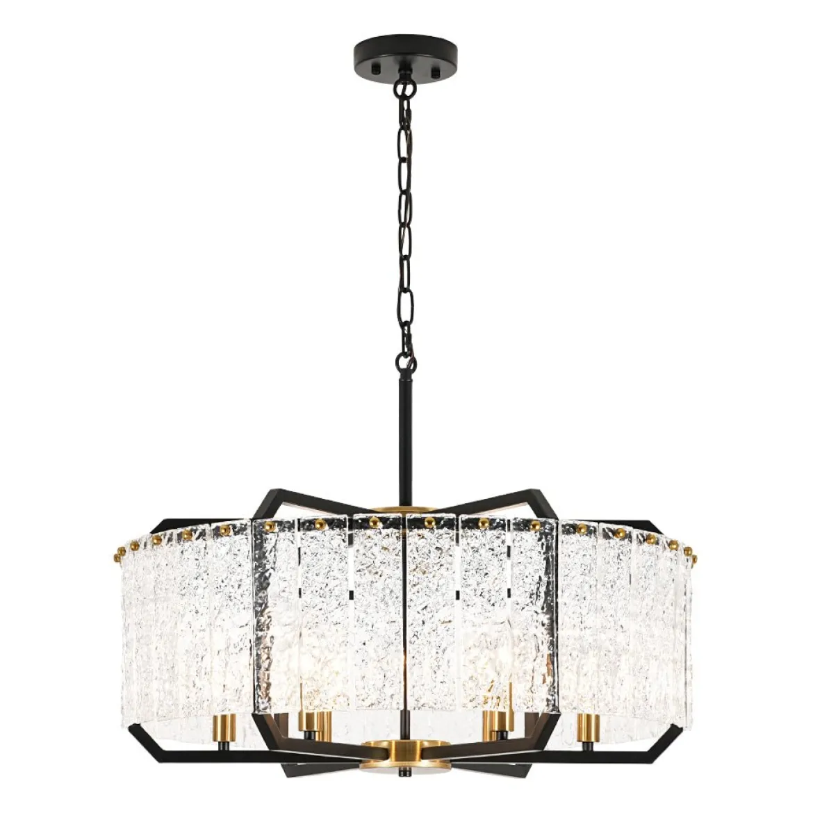 Black Brass 6-Light Rippled Glass Drum Cage Chandelier