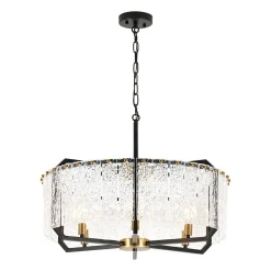 Black Brass 6-Light Rippled Glass Drum Cage Chandelier