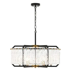 Black Brass 6-Light Rippled Glass Drum Cage Chandelier
