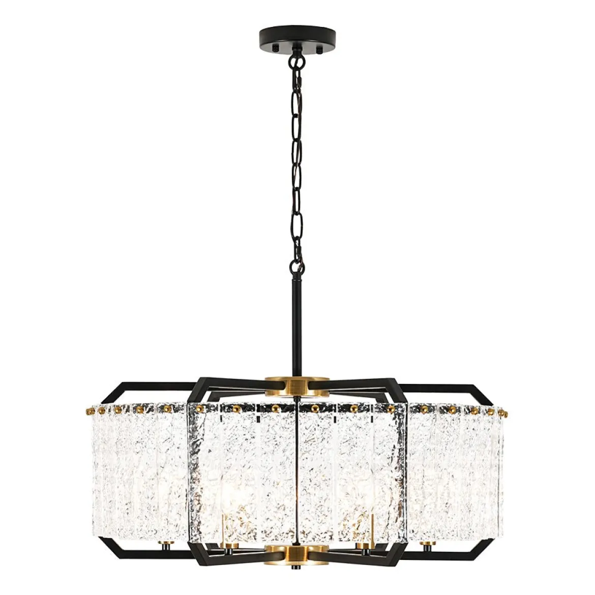 Black Brass 6-Light Rippled Glass Drum Cage Chandelier