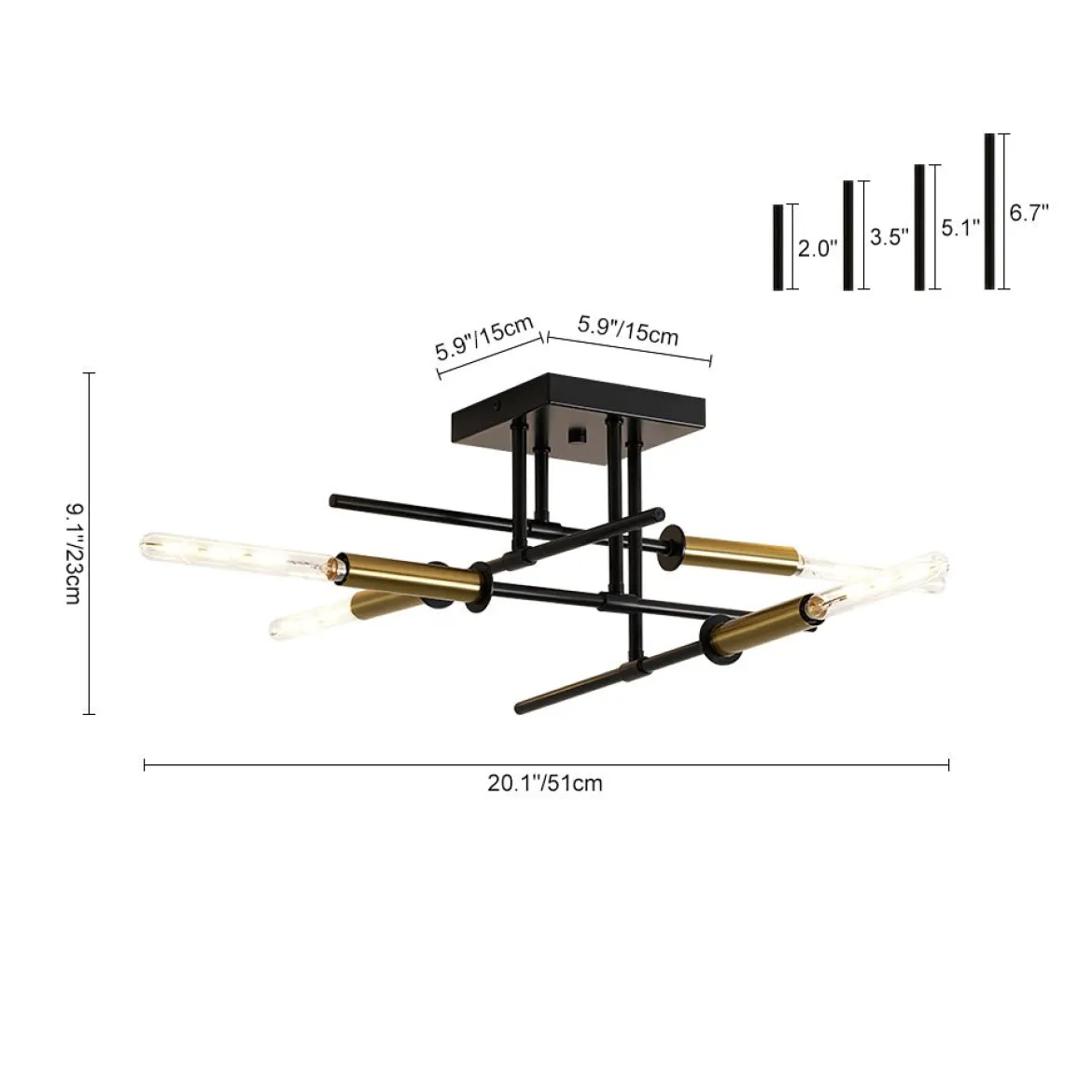 Black Brass 4-Light Sputnik Linear Semi Flush Mount