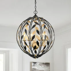 Black Gold Candle Style Leaf Vine Iron Orb Chandelier