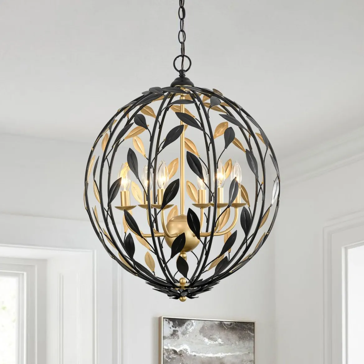 Black Gold Candle Style Leaf Vine Iron Orb Chandelier