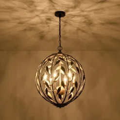 Black Gold Candle Style Leaf Vine Iron Orb Chandelier