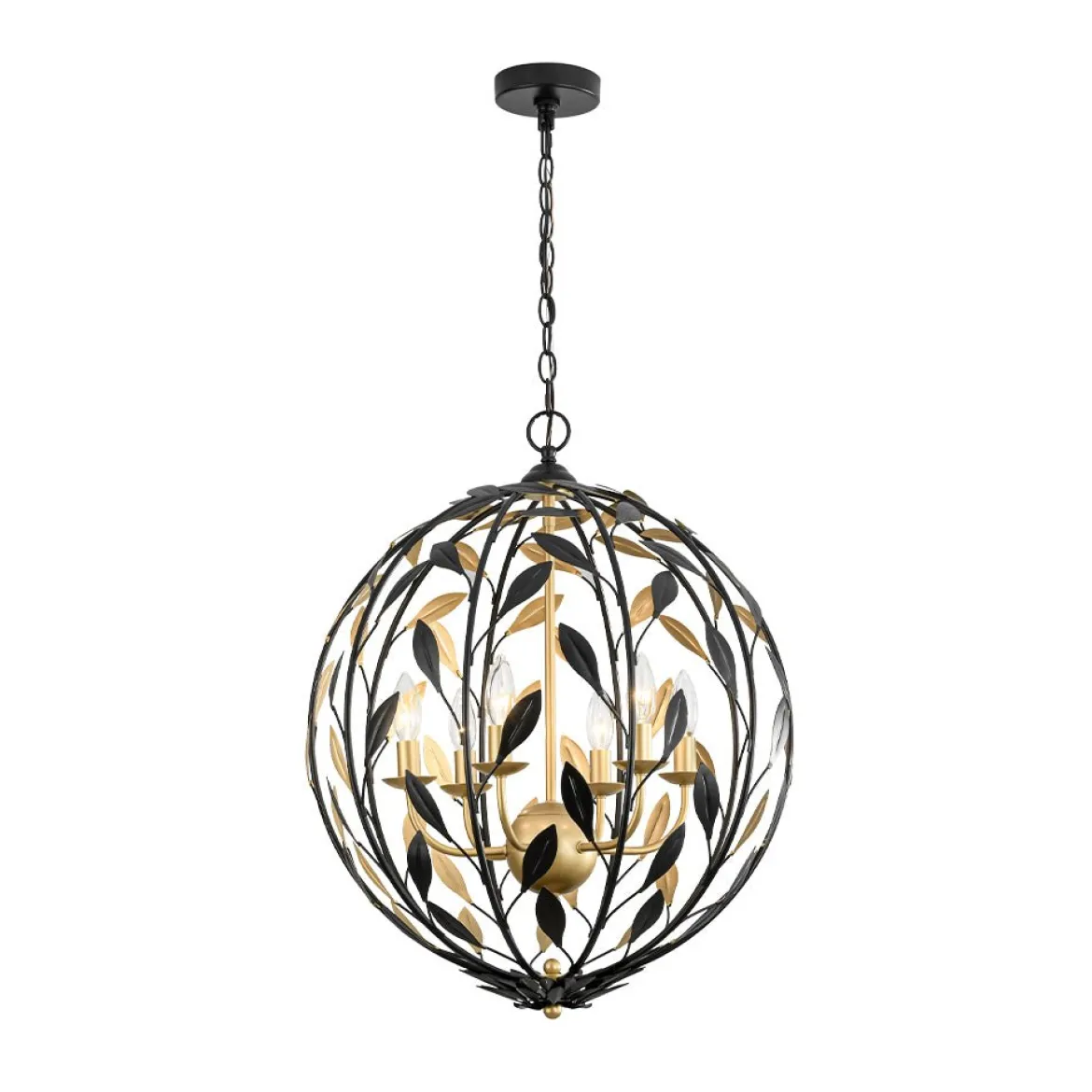 Black Gold Candle Style Leaf Vine Iron Orb Chandelier